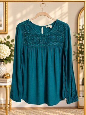 Anthropologie Meadow Rue Teal Swiss Dot Smocked Blouse Size 6